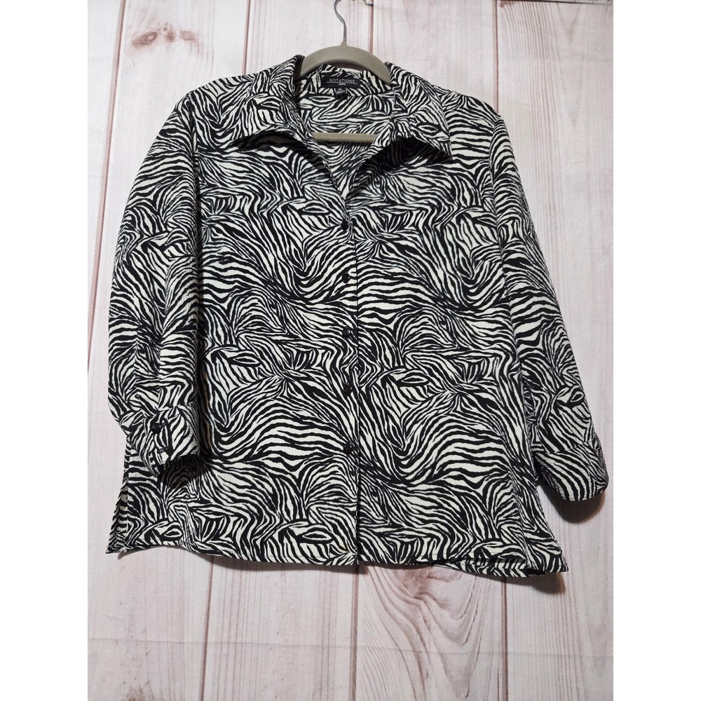 Notations Zebra Print Button Up Blouse Black White Crinkle Top Petite Large
